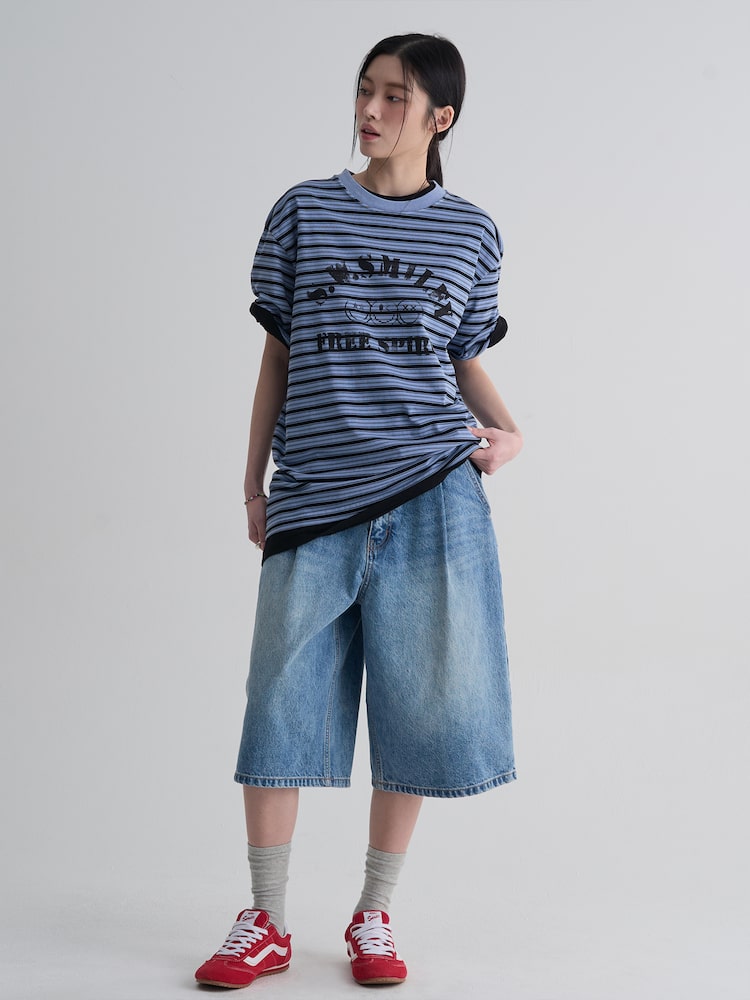 S.W.Smiley Striped Dyed Short Sleeve Tee - Sky Blue