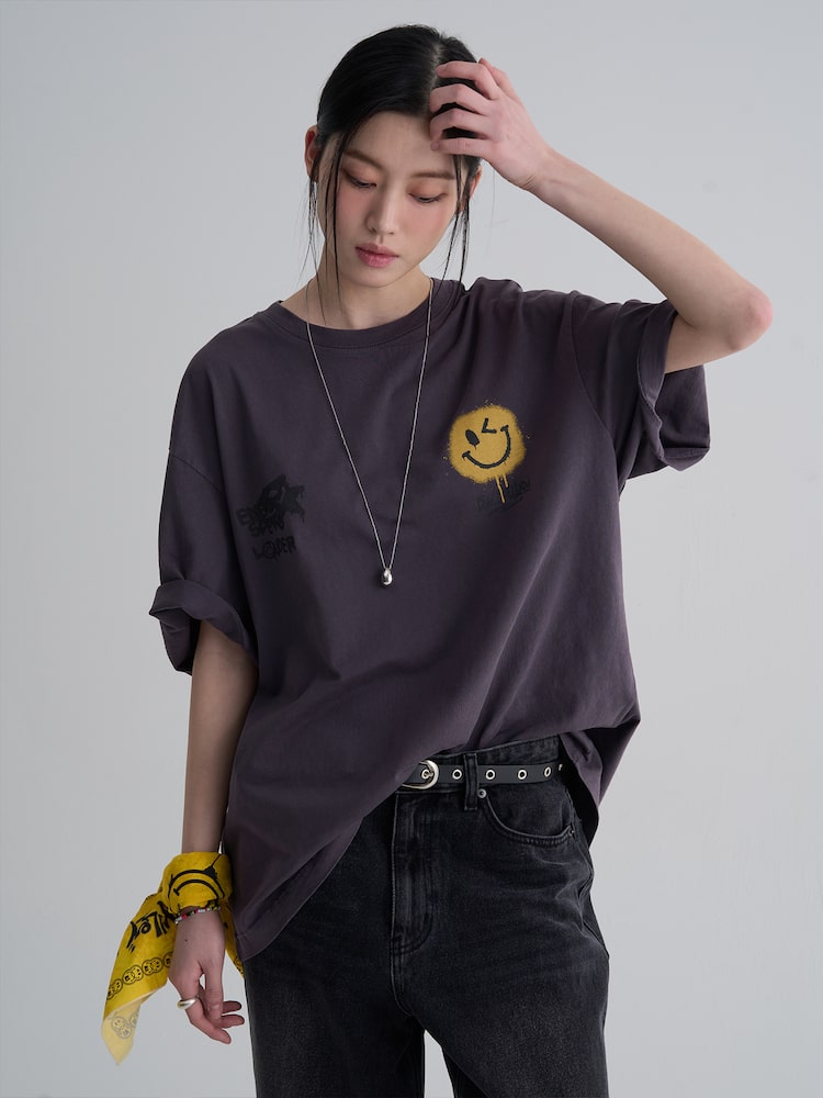 S.W.Smiley Garment-Dyed Short-Sleeve Tee - Purple