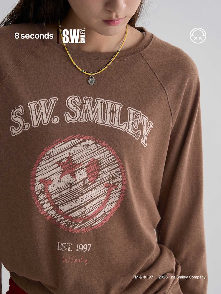 S.W.SMILEY® Cotton Slub Raglan Long Sleeve Graphic T-shirt - Brown