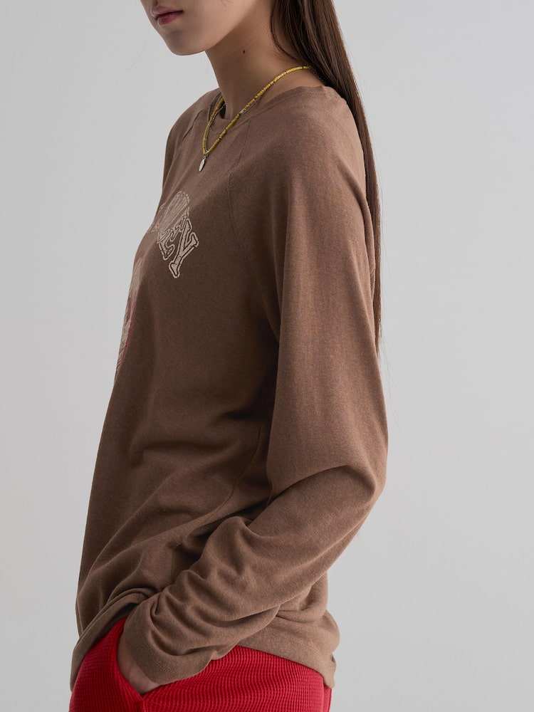 S.W.SMILEY® Cotton Slub Raglan Long Sleeve Graphic T-shirt - Brown