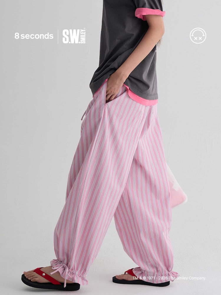 S.W.SMILEY® Embroidered Stripe Elastic Pants - Light Pink