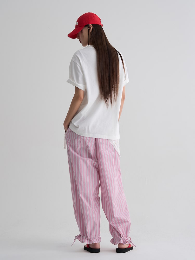 S.W.SMILEY® Embroidered Stripe Elastic Pants - Light Pink