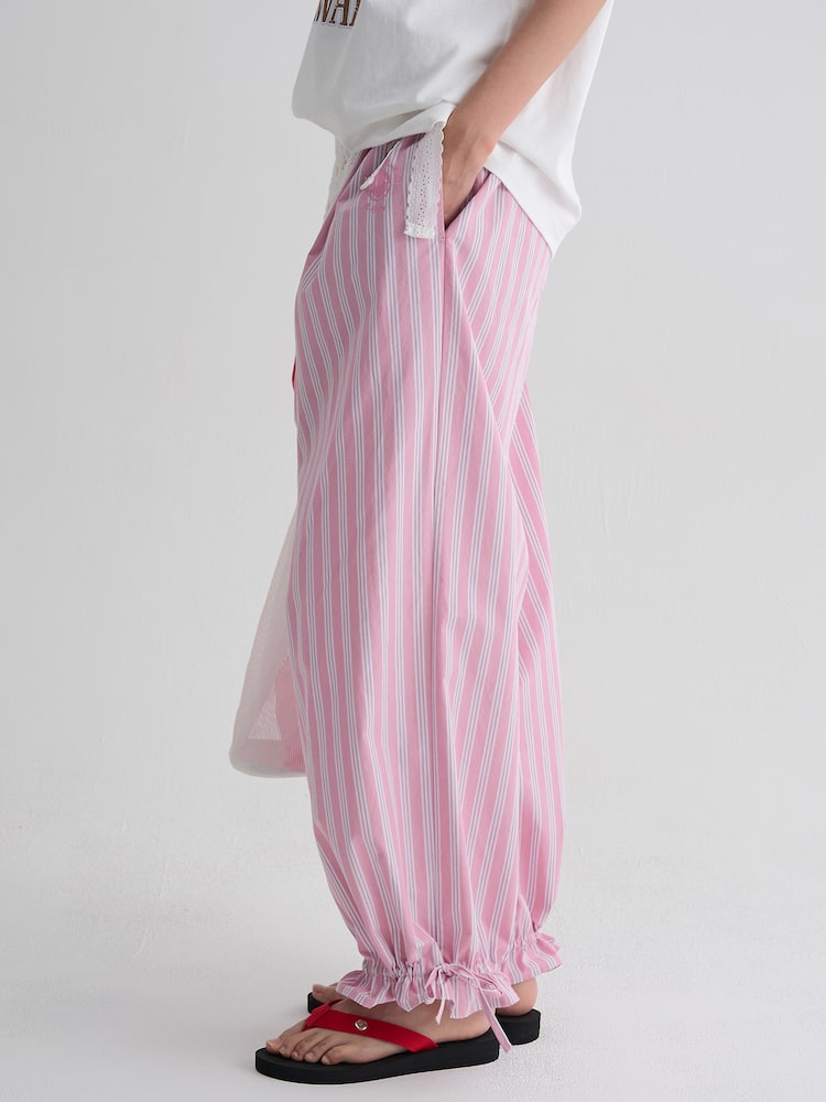 S.W.SMILEY® Embroidered Stripe Elastic Pants - Light Pink
