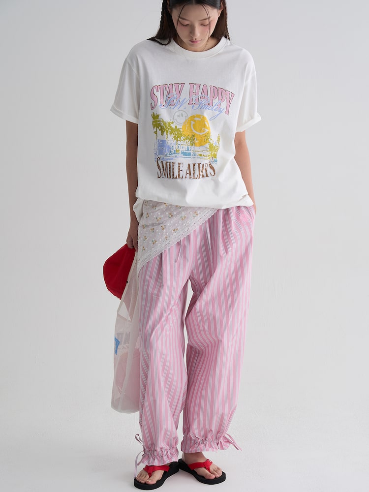 S.W.SMILEY® Embroidered Stripe Elastic Pants - Light Pink