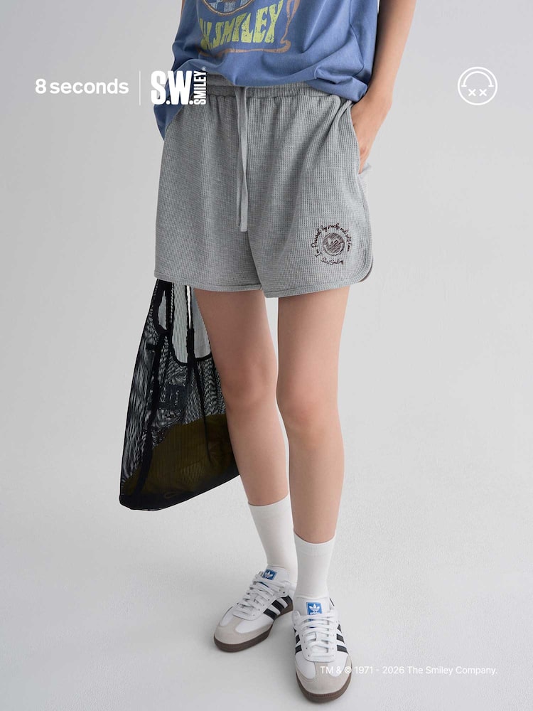 S.W.SMILEY® Waffle Fabric Embroidered Jersey Shorts - Grey