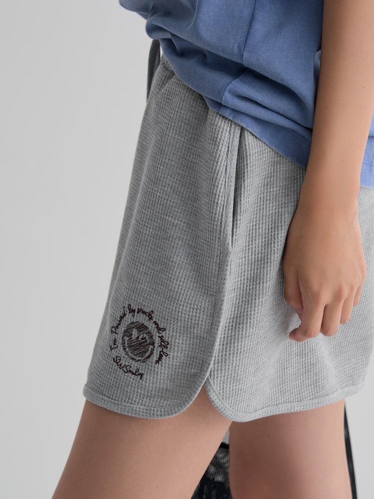 S.W.SMILEY® Waffle Fabric Embroidered Jersey Shorts - Grey