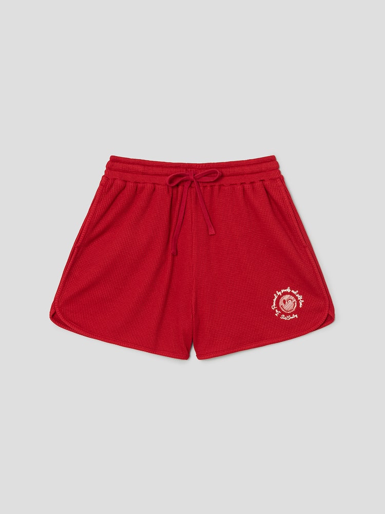 S.W.SMILEY® Waffle Fabric Embroidered Jersey Shorts - Red