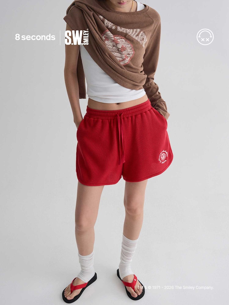 S.W.SMILEY® Waffle Fabric Embroidered Jersey Shorts - Red
