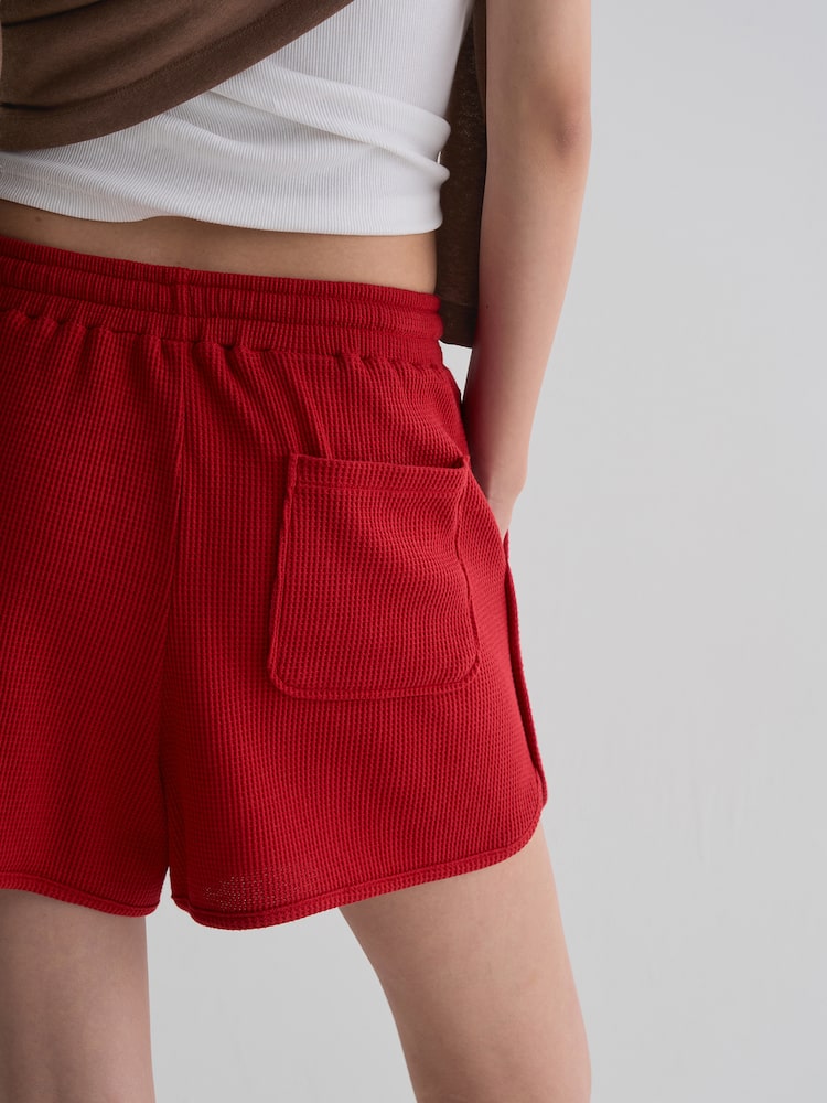 S.W.SMILEY® Waffle Fabric Embroidered Jersey Shorts - Red