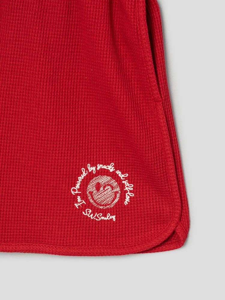S.W.SMILEY® Waffle Fabric Embroidered Jersey Shorts - Red