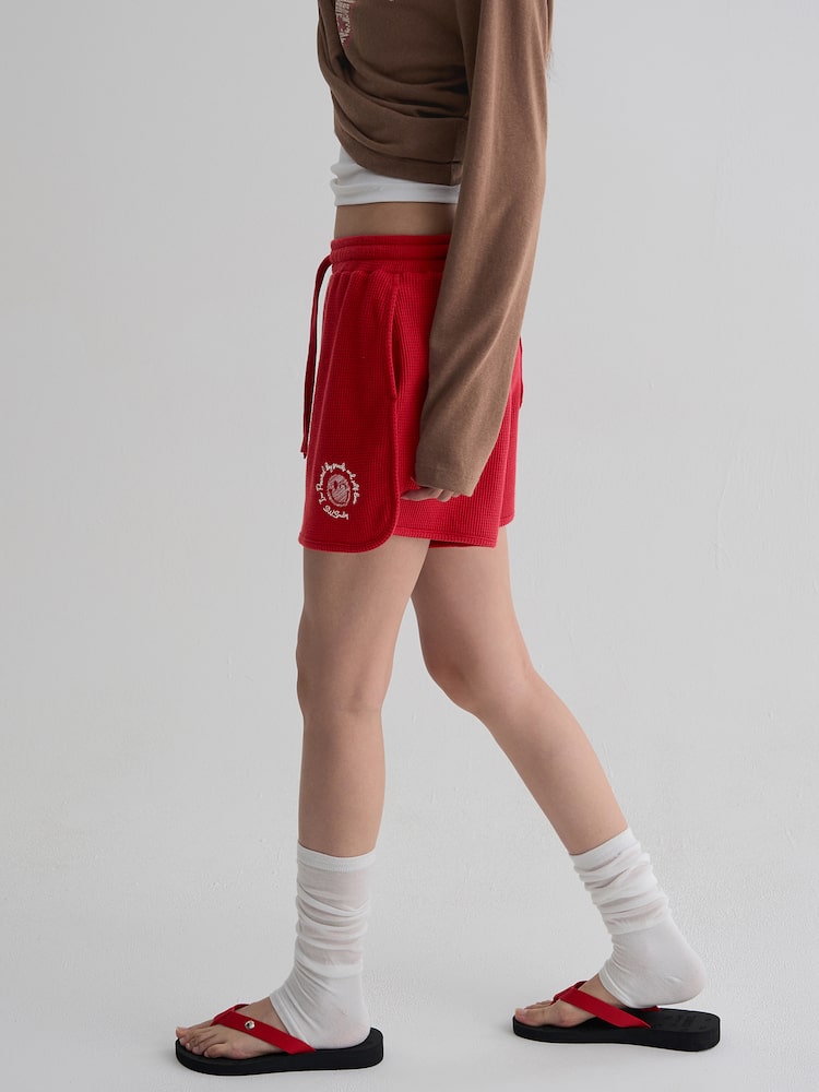 S.W.SMILEY® Waffle Fabric Embroidered Jersey Shorts - Red