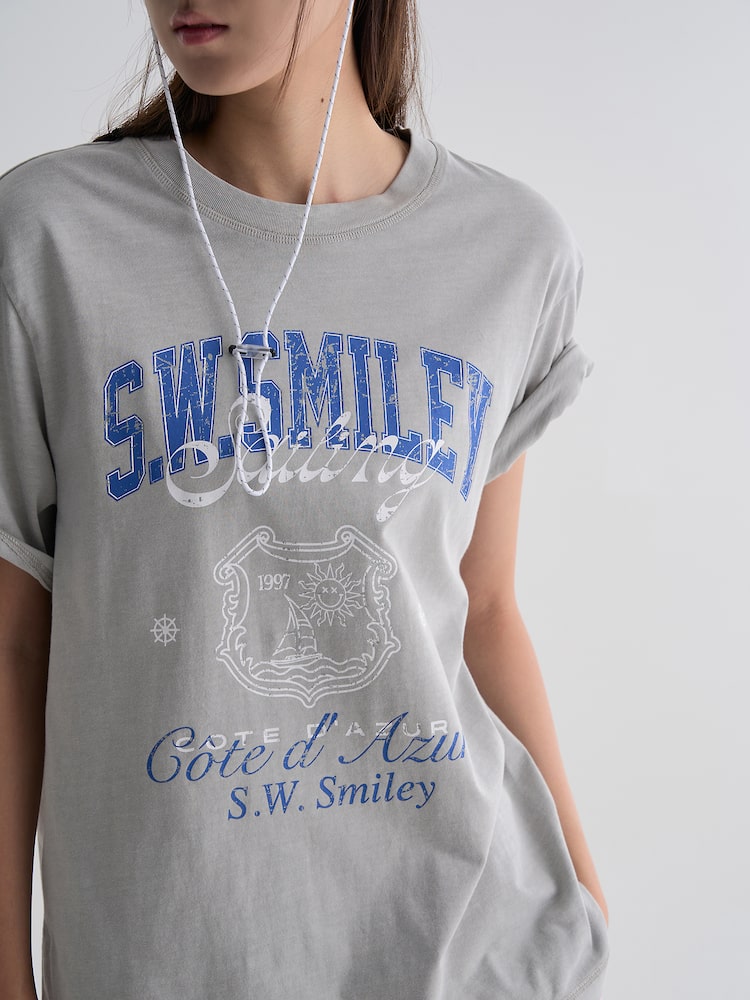 S.W.SMILEY® Garment-Dyed Graphic Short-Sleeve T-Shirt - Light Grey