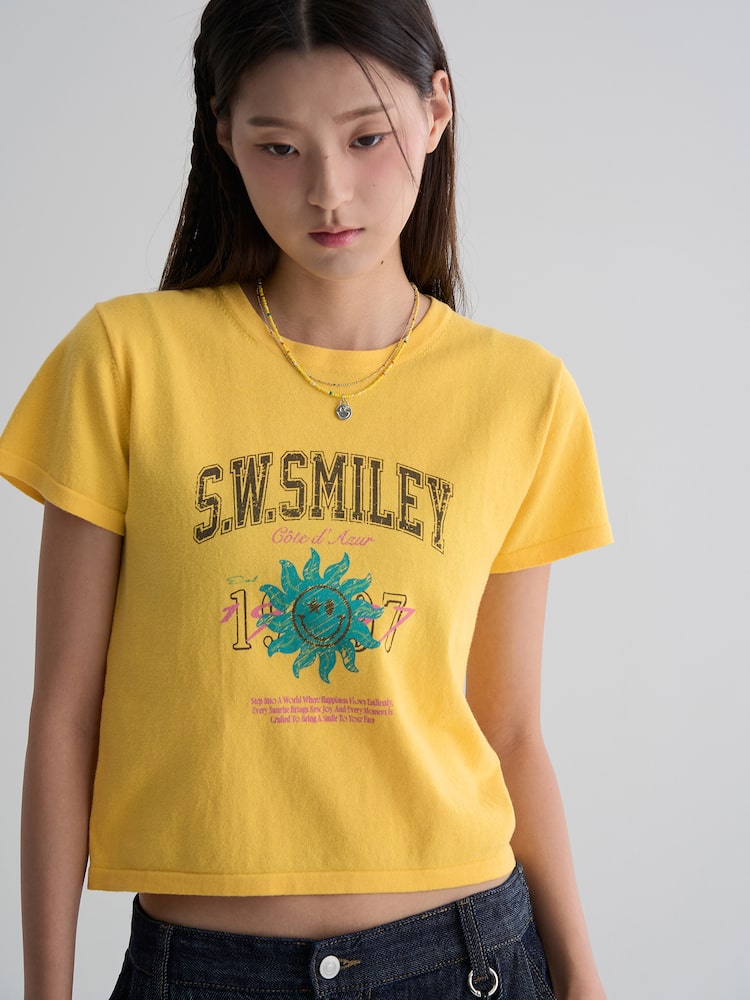 S.W.SMILEY® Graphic Knit Short Sleeve Pullover - Yellow