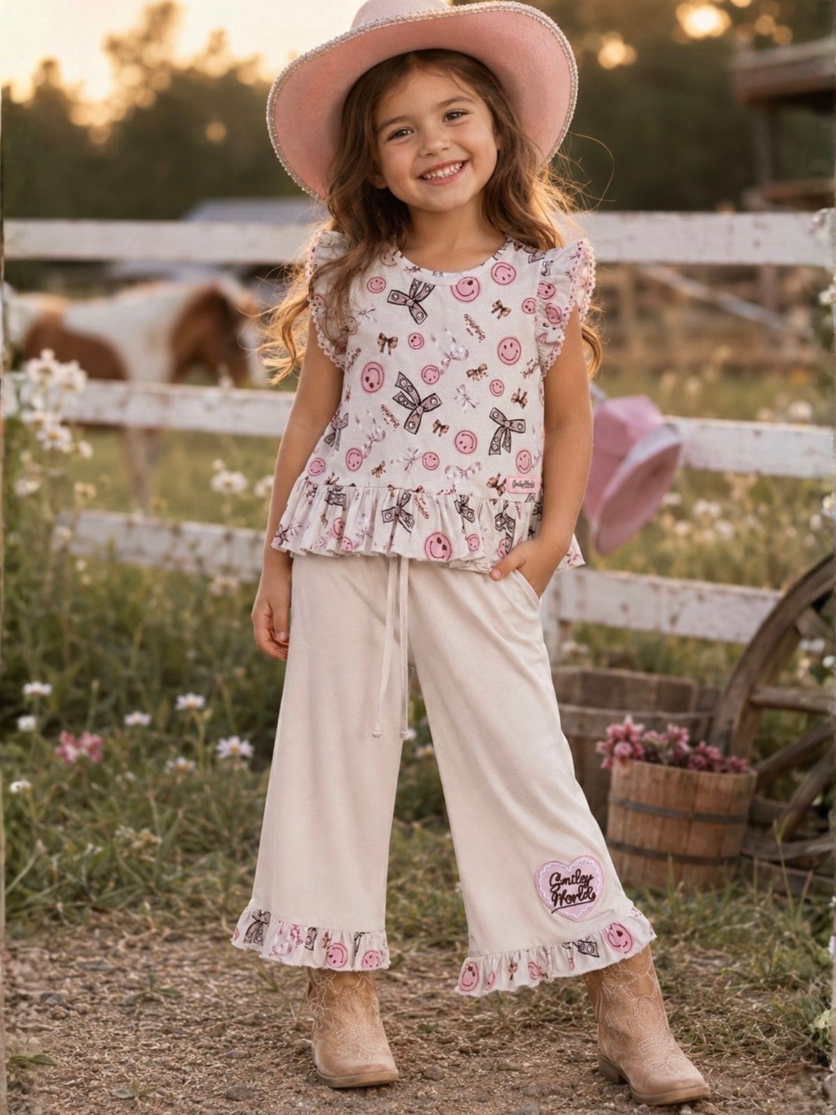 SmileyWorld® Bow Print Peplum Top & Wide Leg Pant Set