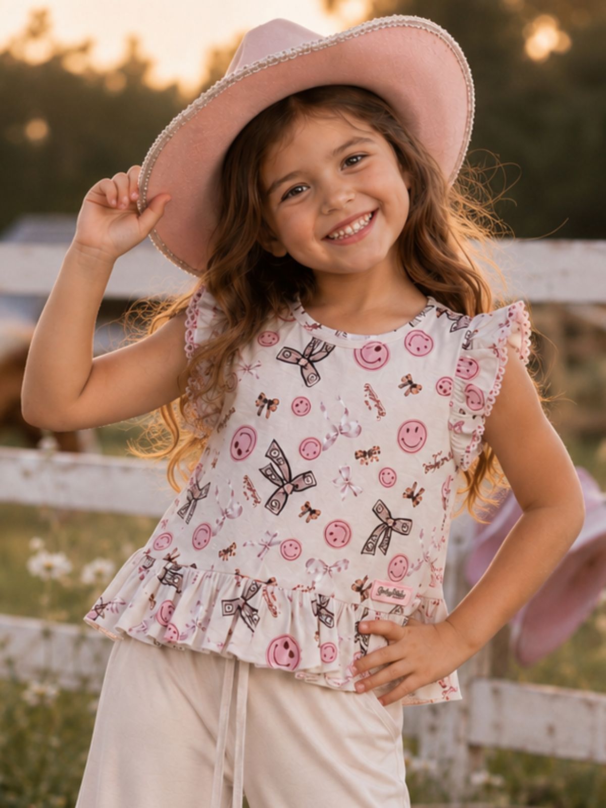 SmileyWorld® Bow Print Peplum Top & Wide Leg Pant Set