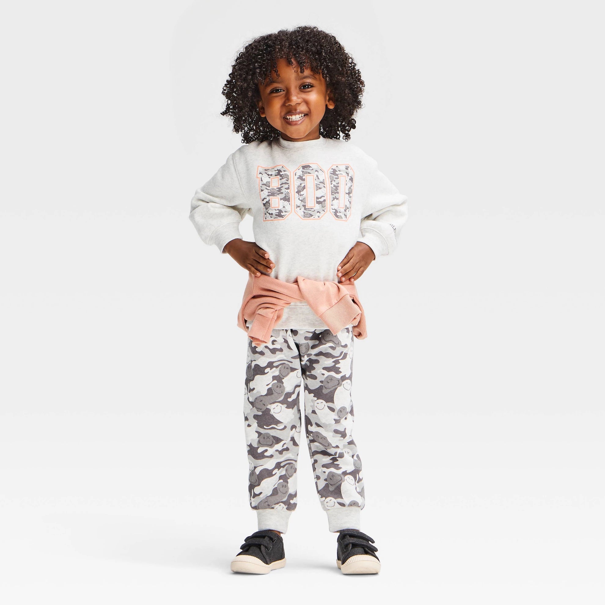 Toddler Boys' 2pc Smiley World Halloween "Boo" Ghost Camo Fleece Sweatshirt and Pants Set - Gray 18M