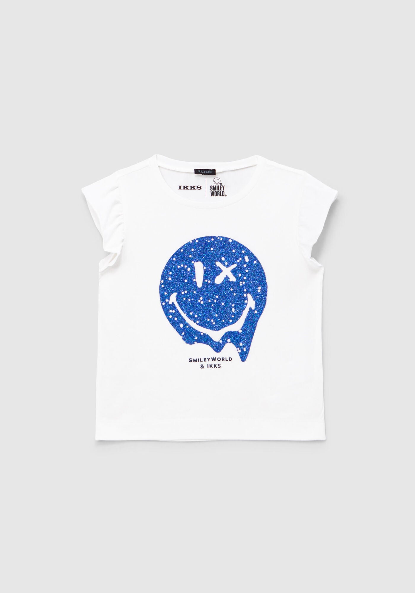 Weißes Mädchen-T-Shirt mit glitzerndem blauen SMILEYWORLD-Aufdruck