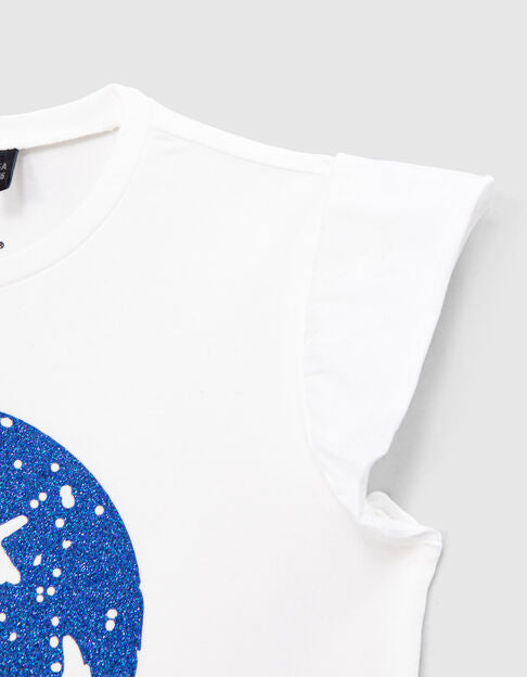 Weißes Mädchen-T-Shirt mit glitzerndem blauen SMILEYWORLD-Aufdruck