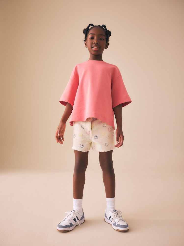 Ecru Multicolour Smiley World Regular Length Frayed Edge Denim Shorts