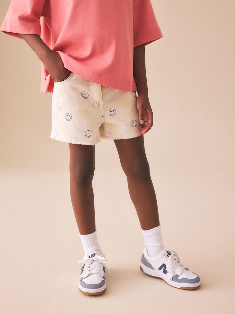 Ecru Multicolour Smiley World Regular Length Frayed Edge Denim Shorts