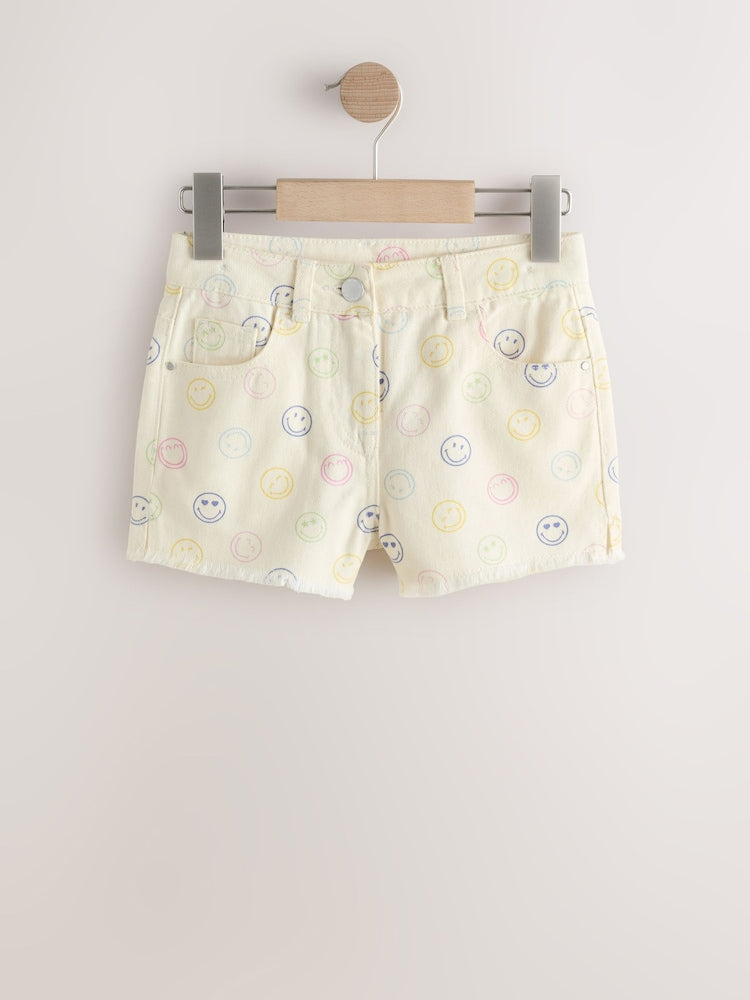 Ecru Multicolour Smiley World Regular Length Frayed Edge Denim Shorts