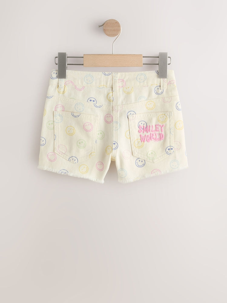 Ecru Multicolour Smiley World Regular Length Frayed Edge Denim Shorts
