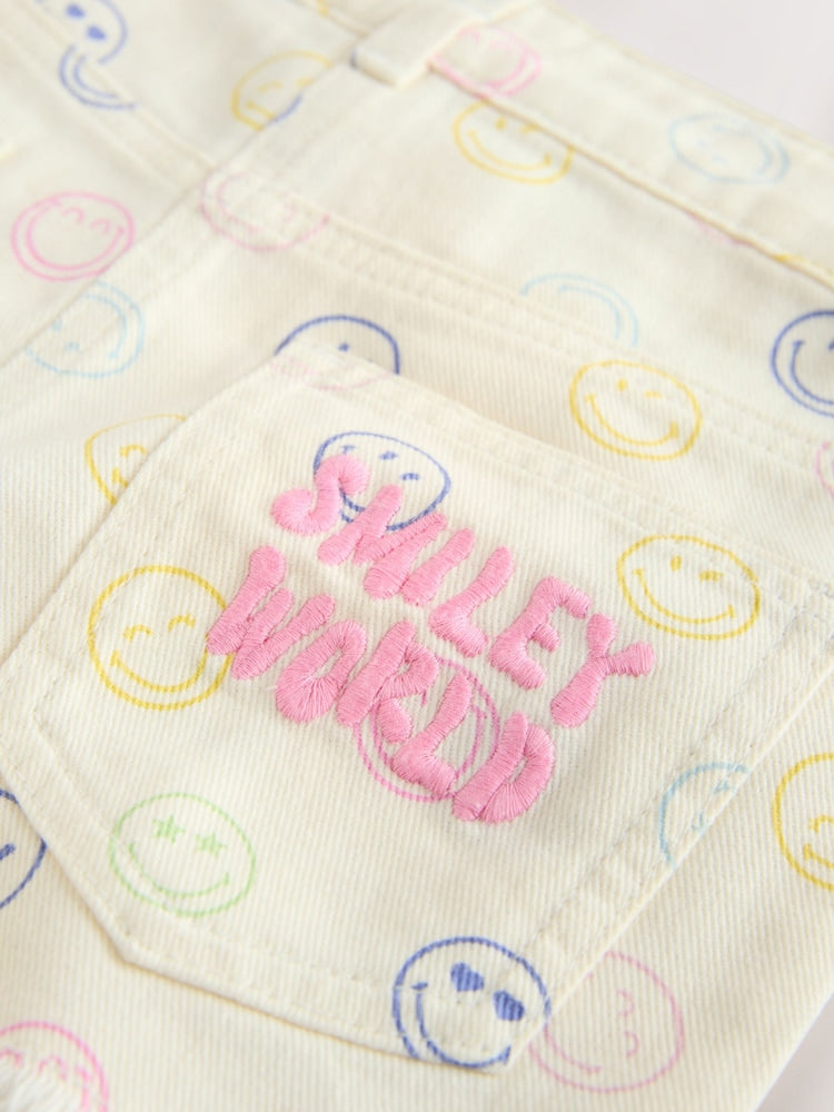 Ecru Multicolour Smiley World Regular Length Frayed Edge Denim Shorts