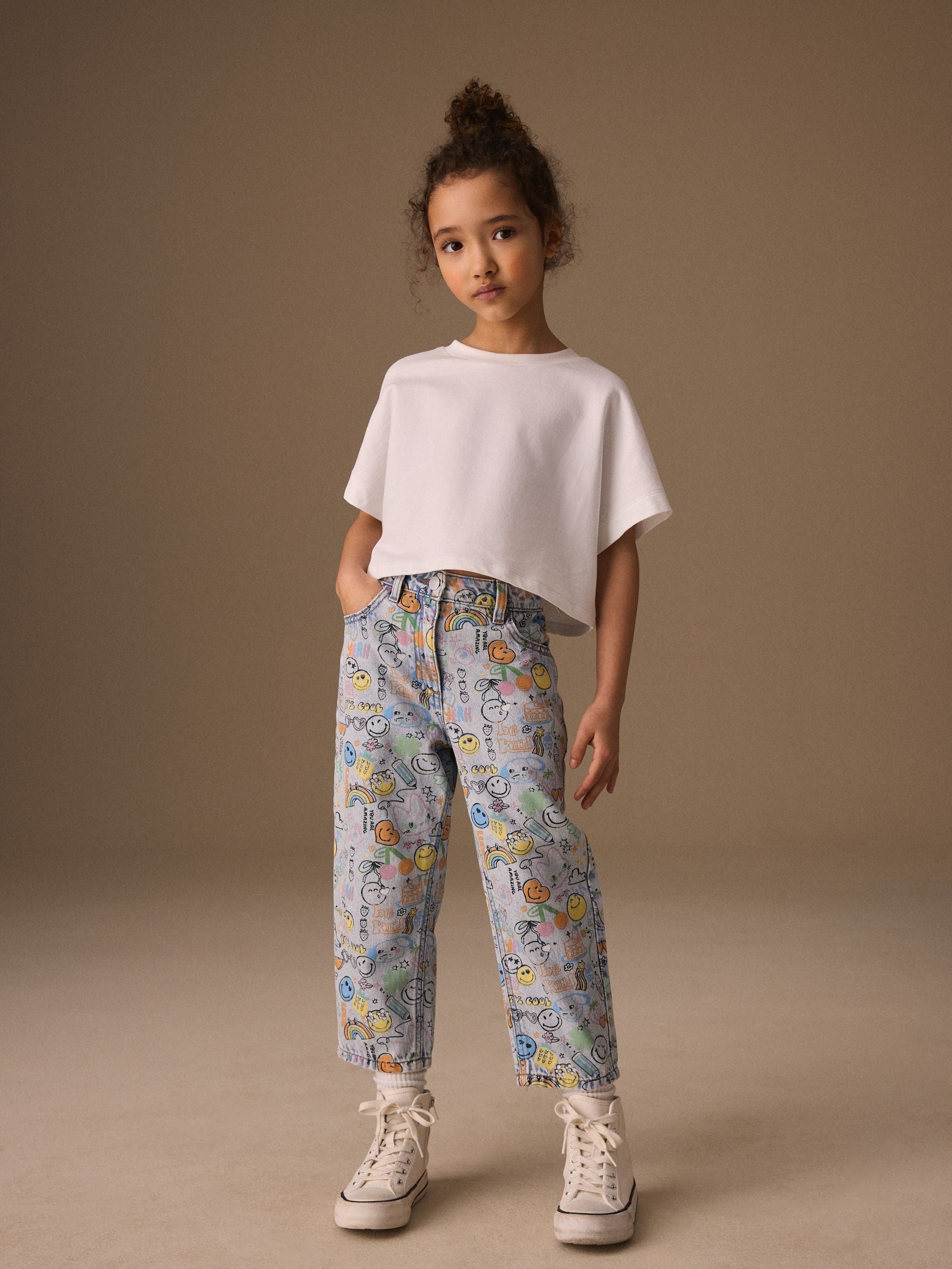 Smiley World Doodle Print Barrel Leg Jeans (3-16yrs)