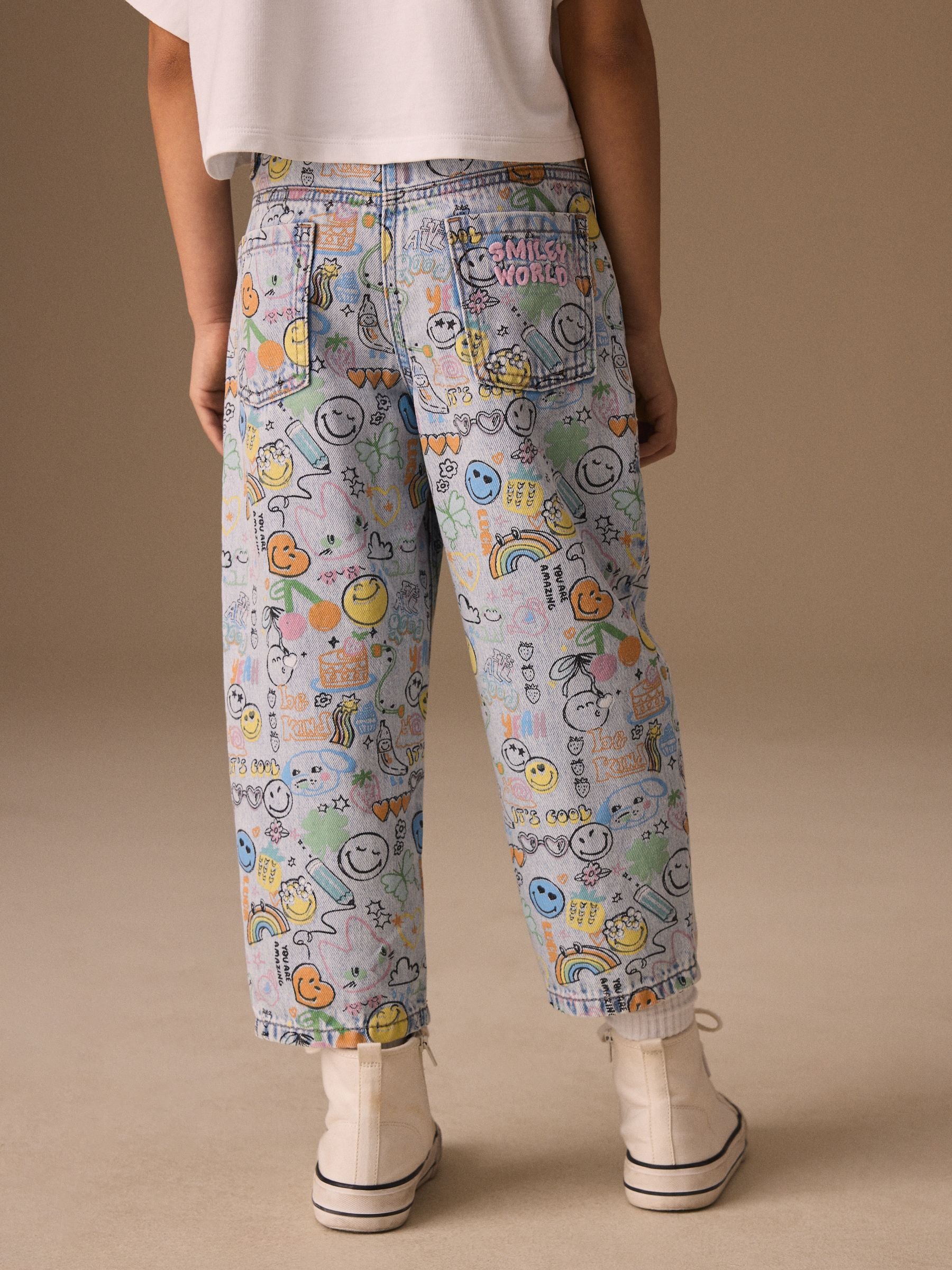 Smiley World Doodle Print Barrel Leg Jeans (3-16yrs)