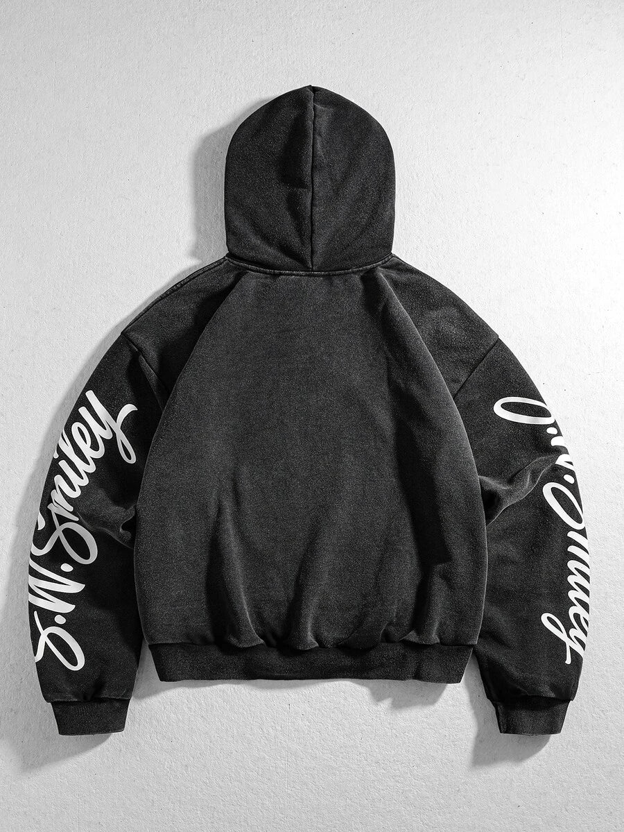 ROMWE MEN S.W.Smiley X ROMWE S.W. Collaboration Street Wash Co-Branded Print Hoodie