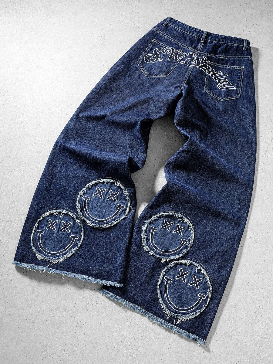 ROMWE MEN S.W.Smiley X ROMWE Men's Letter Pattern Pocket Frayed Hem Loose Casual Denim Jeans