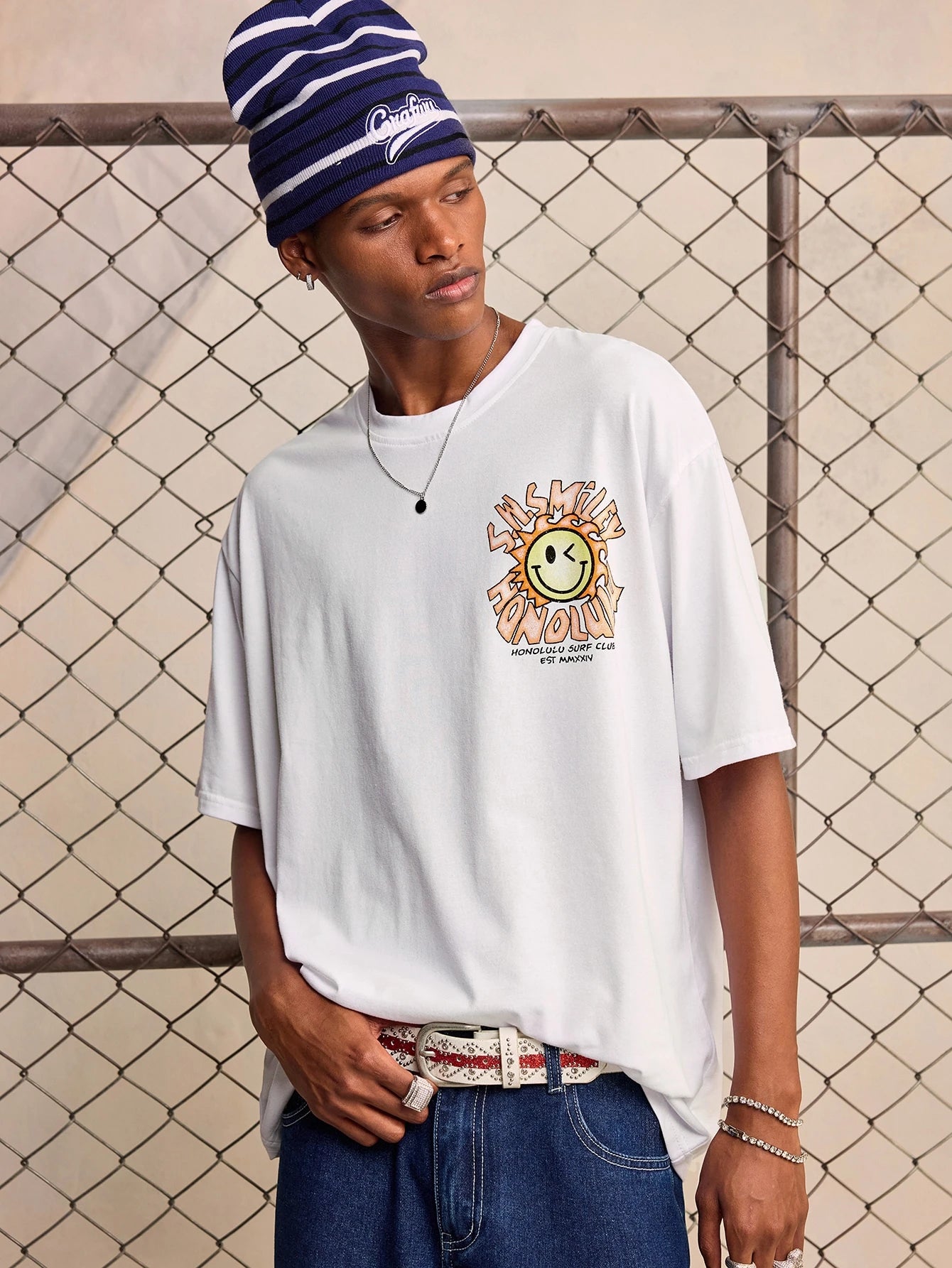 ROMWE MEN S.W.Smiley X ROMWE 2026 Summer New Men's T-Shirt IP Style Fashion Casual Graphic Print Unisex Couple Streetwear Short Sleeve Crew Neck Top