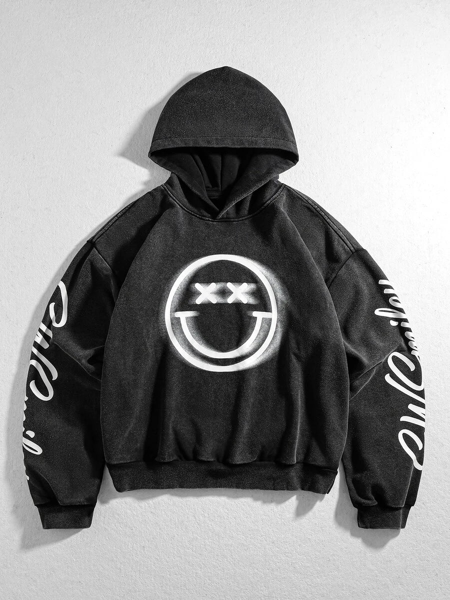 ROMWE MEN S.W.Smiley X ROMWE S.W. Collaboration Street Wash Co-Branded Print Hoodie