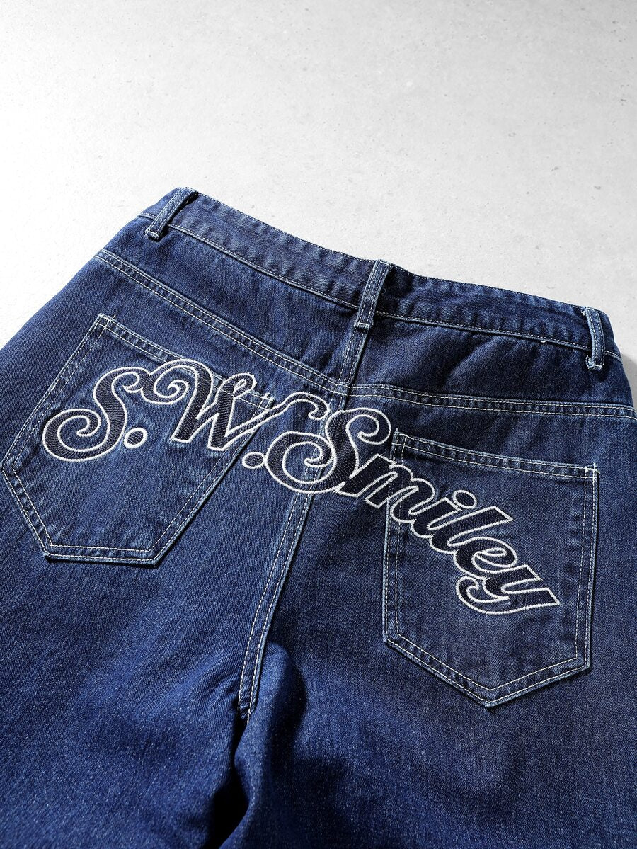 ROMWE MEN S.W.Smiley X ROMWE Men's Letter Pattern Pocket Frayed Hem Loose Casual Denim Jeans