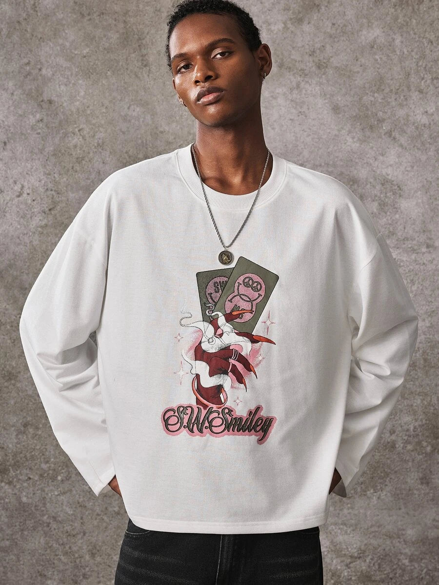 ROMWE MEN S.W.Smiley X ROMWE Men's Casual Printed Co-Branded Long Sleeve Crew Neck T-Shirt