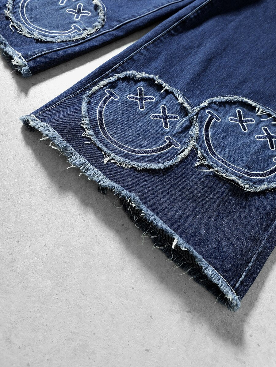 ROMWE MEN S.W.Smiley X ROMWE Men's Letter Pattern Pocket Frayed Hem Loose Casual Denim Jeans