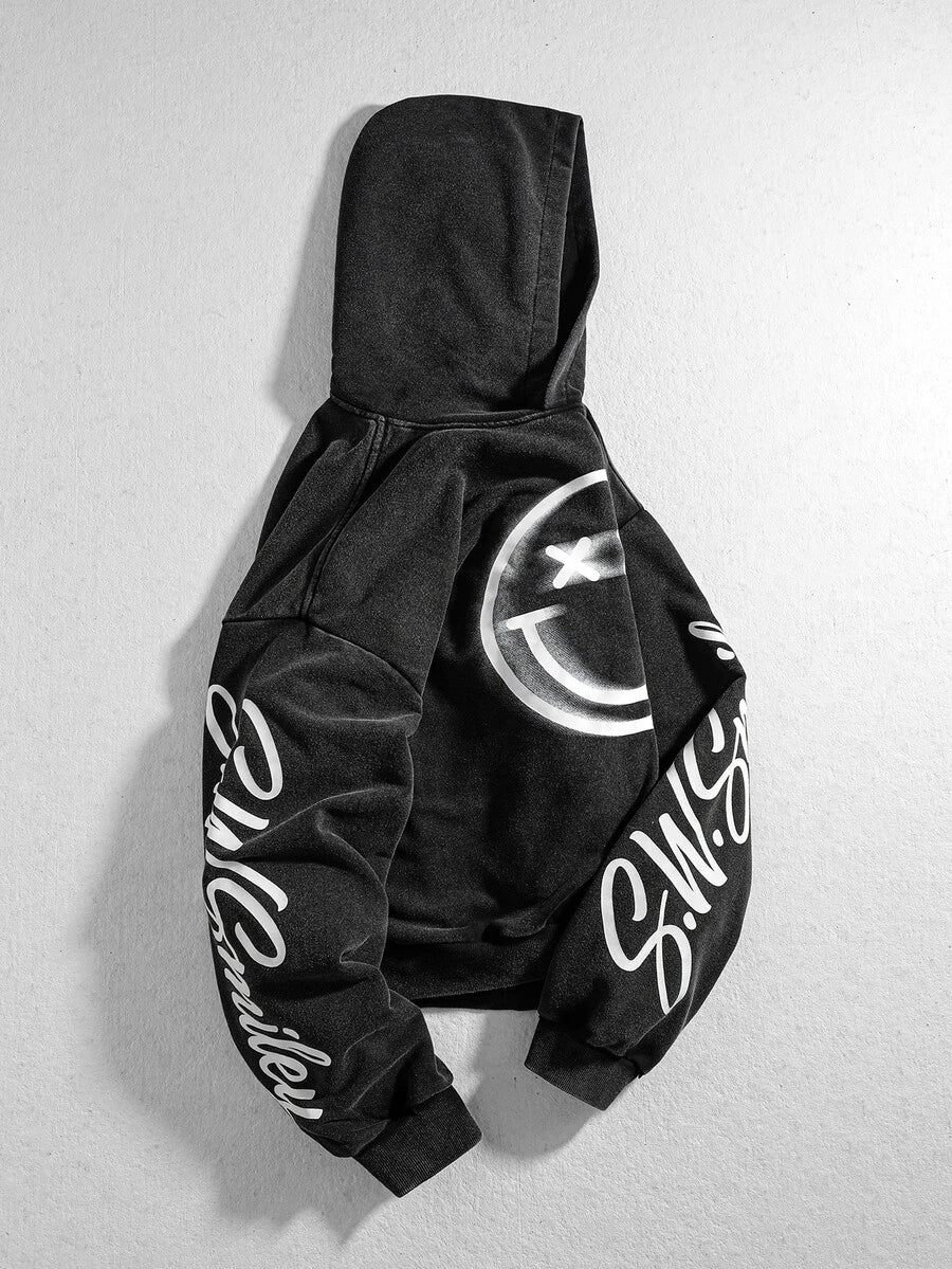 ROMWE MEN S.W.Smiley X ROMWE S.W. Collaboration Street Wash Co-Branded Print Hoodie