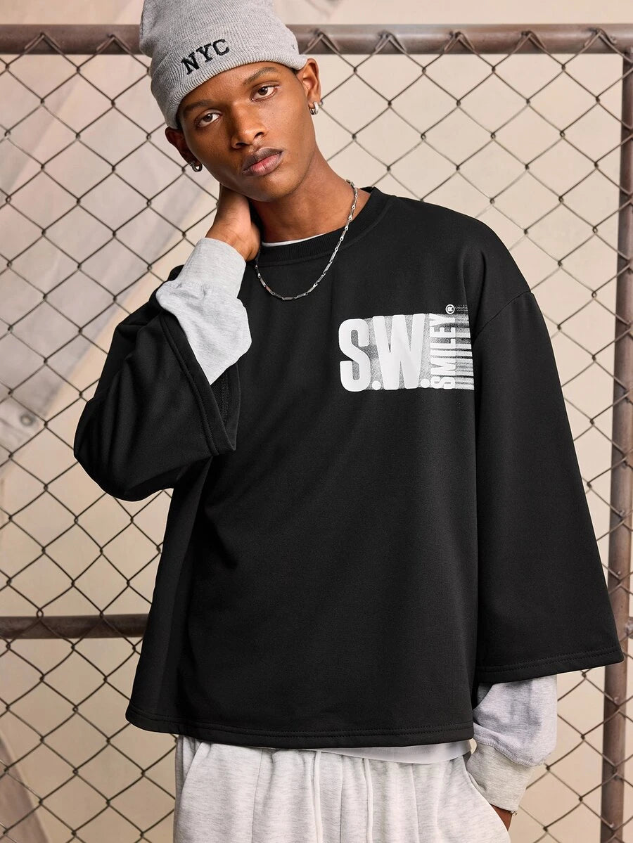 ROMWE MEN S.W.Smiley X ROMWE 2026 Spring/Summer New Smiling Face IP Pattern Men's 3/4 Sleeve Top, Unisex Couple Style Women's Casual Fashion Streetwear Crew Neck Top