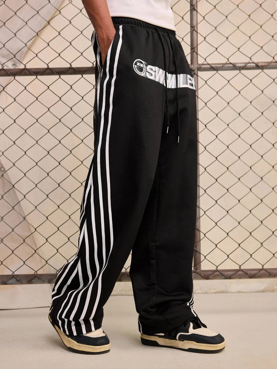 ROMWE MEN S.W.Smiley X ROMWE Men's Autumn/Winter Striped Drawstring Waist Casual Loose Sweatpants