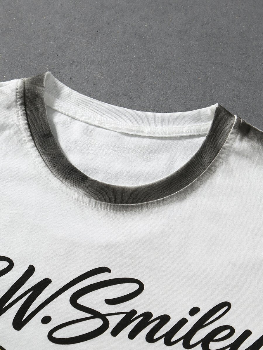 ROMWE MEN S.W.Smiley X ROMWE Men's Collaboration Hand-Painted Print Loose Drop Shoulder T-Shirt