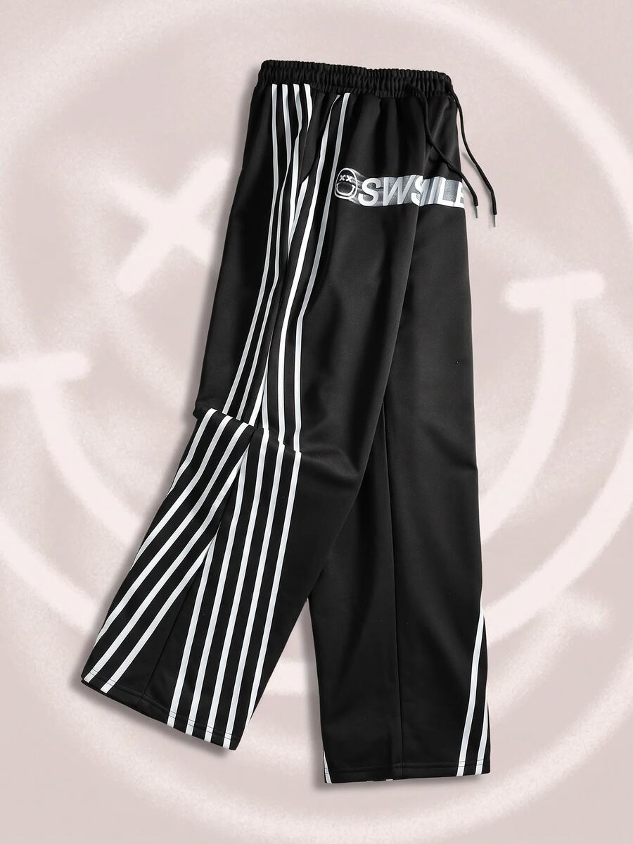 ROMWE MEN S.W.Smiley X ROMWE Men's Autumn/Winter Striped Drawstring Waist Casual Loose Sweatpants