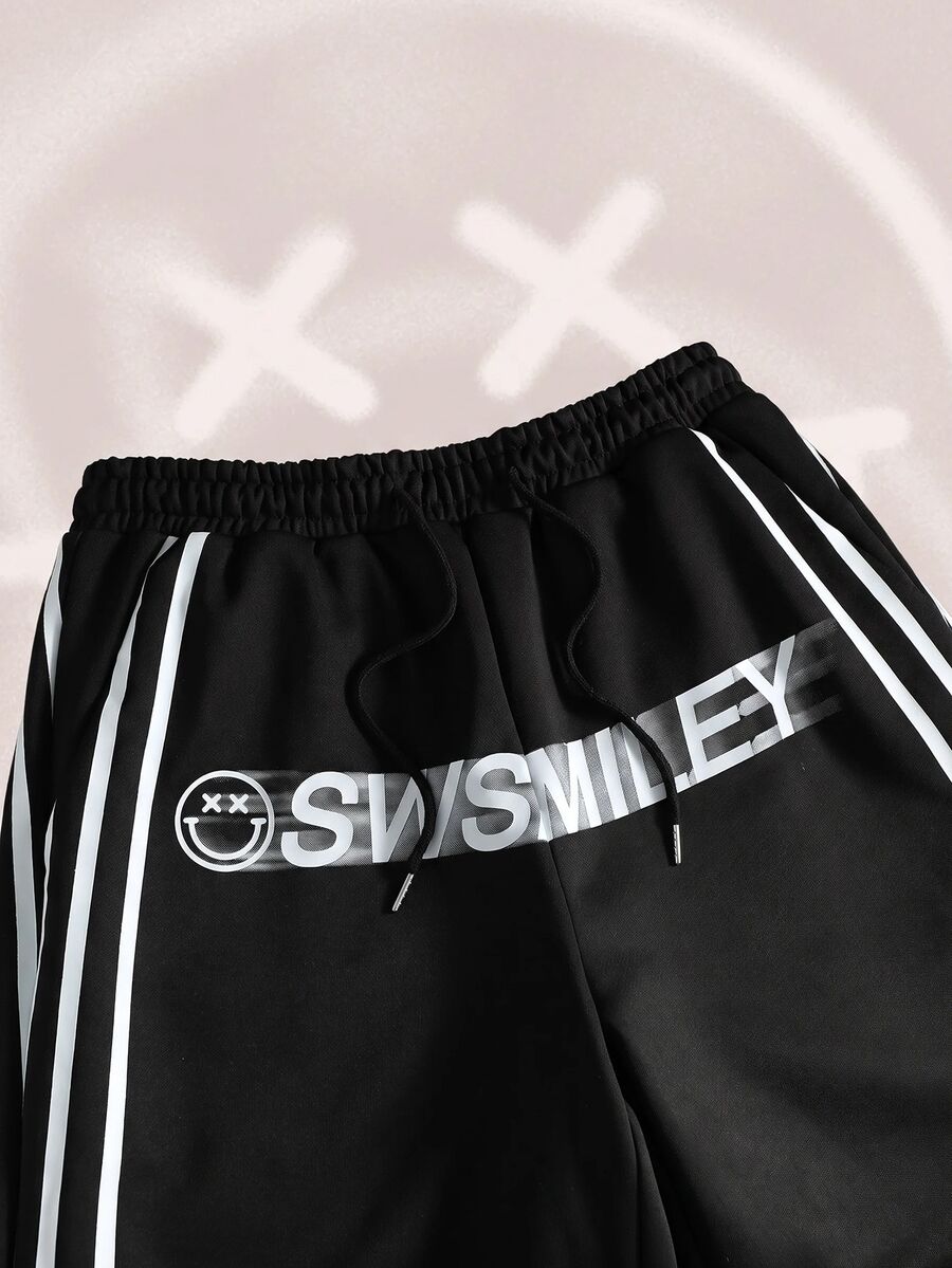 ROMWE MEN S.W.Smiley X ROMWE Men's Autumn/Winter Striped Drawstring Waist Casual Loose Sweatpants
