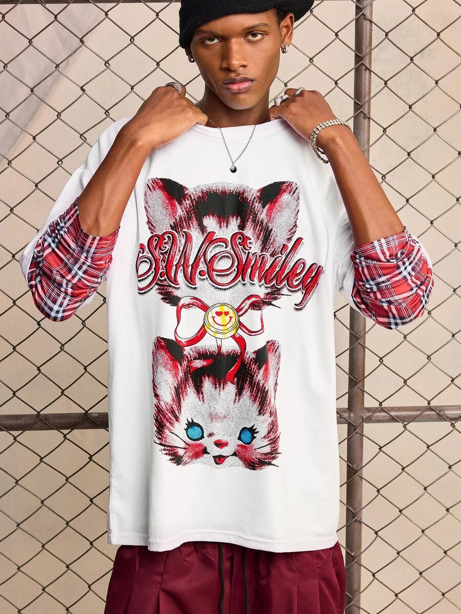 ROMWE MEN S.W.Smiley X ROMWE Men's Anime Print Short Sleeve T-Shirt, Suitable For Spring And Summer