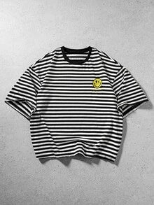 ROMWE MEN S.W.Smiley X ROMWE SwSmiley IP Collaboration, Men's Striped Embroidered Pattern T-Shirt, Casual College Streetwear