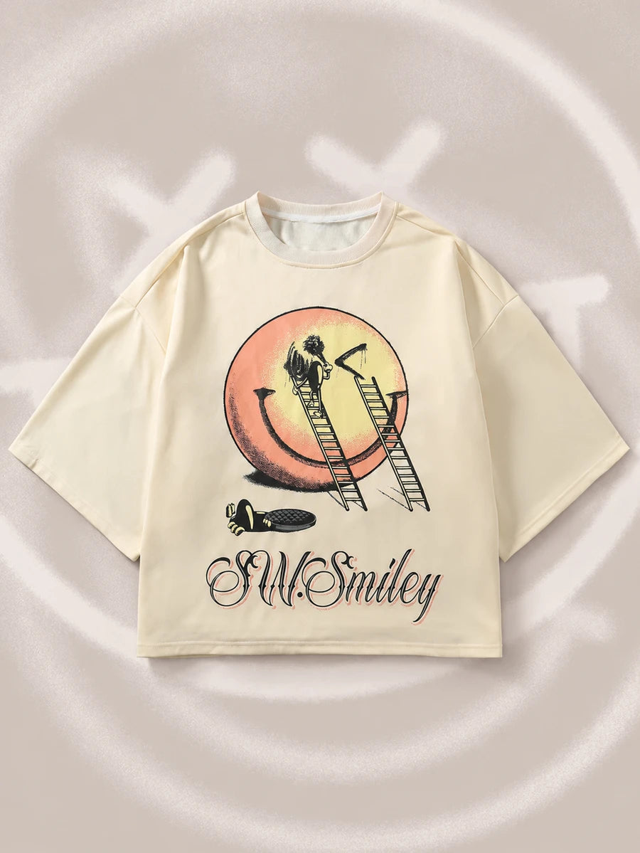 ROMWE MEN S.W.Smiley X ROMWE Men's Round Neck Short Sleeve Cartoon Graphic Casual T-Shirt