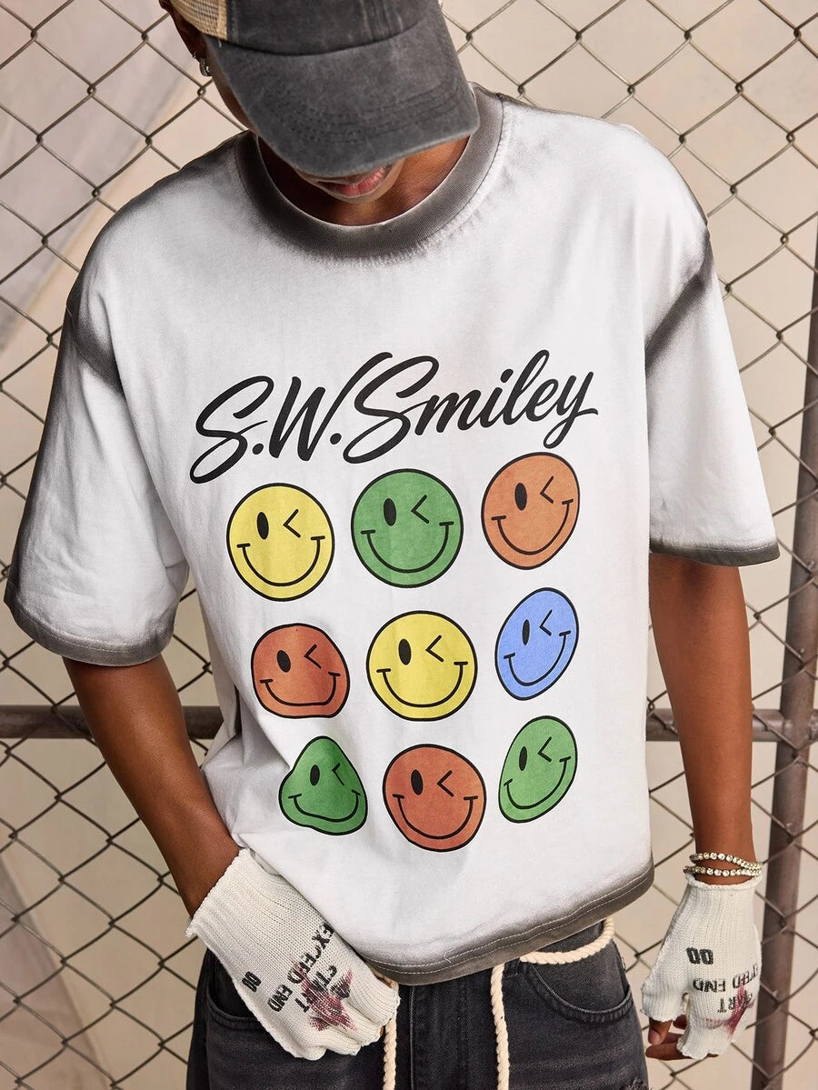 ROMWE MEN S.W.Smiley X ROMWE Men's Collaboration Hand-Painted Print Loose Drop Shoulder T-Shirt