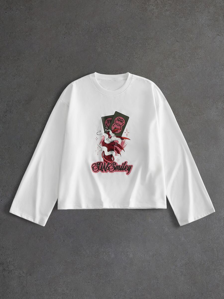 ROMWE MEN S.W.Smiley X ROMWE Men's Casual Printed Co-Branded Long Sleeve Crew Neck T-Shirt