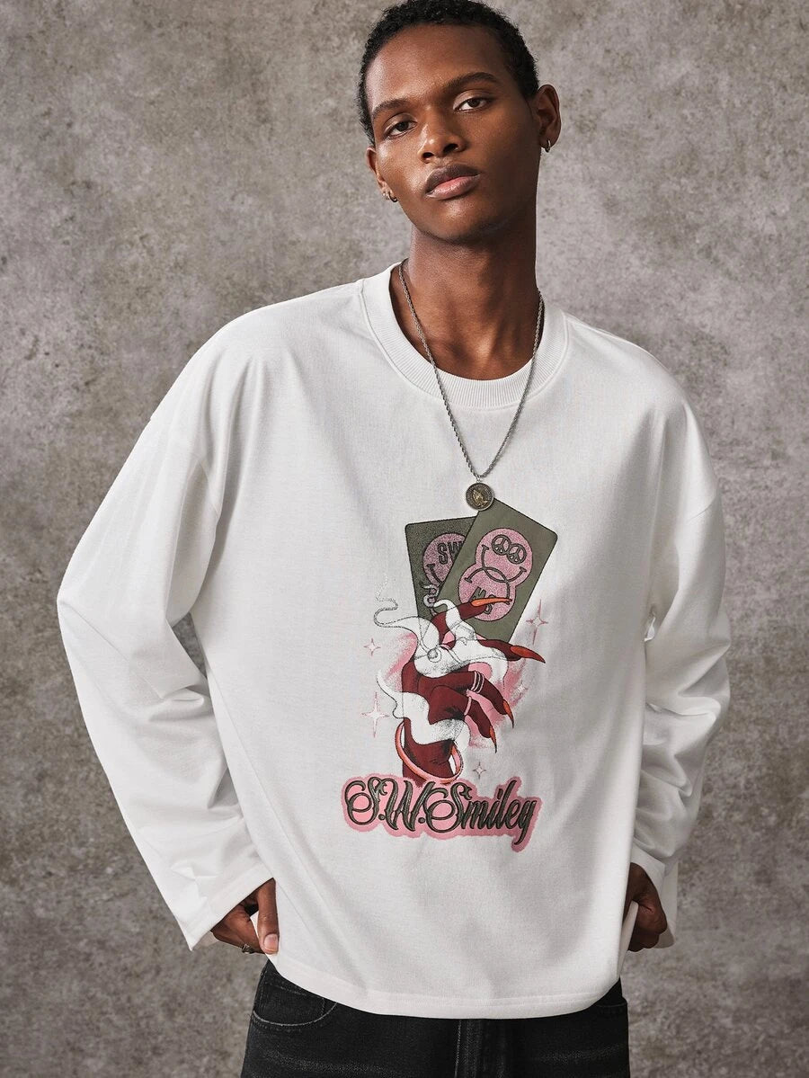 ROMWE MEN S.W.Smiley X ROMWE Men's Casual Printed Co-Branded Long Sleeve Crew Neck T-Shirt