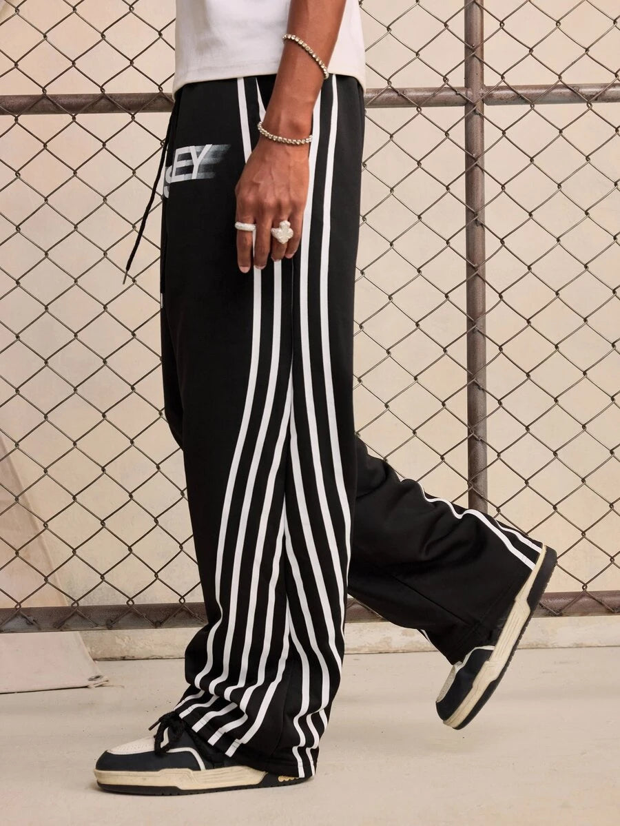 ROMWE MEN S.W.Smiley X ROMWE Men's Autumn/Winter Striped Drawstring Waist Casual Loose Sweatpants
