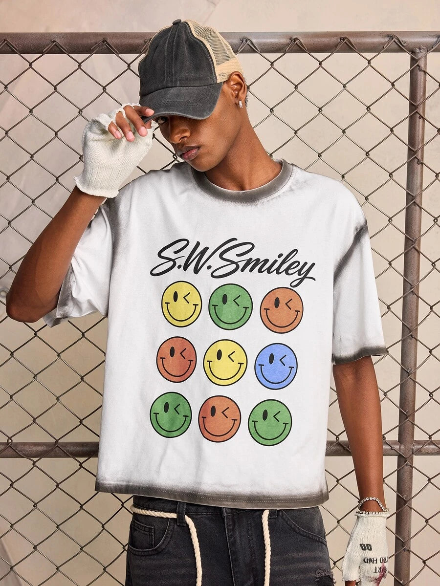 ROMWE MEN S.W.Smiley X ROMWE Men's Collaboration Hand-Painted Print Loose Drop Shoulder T-Shirt